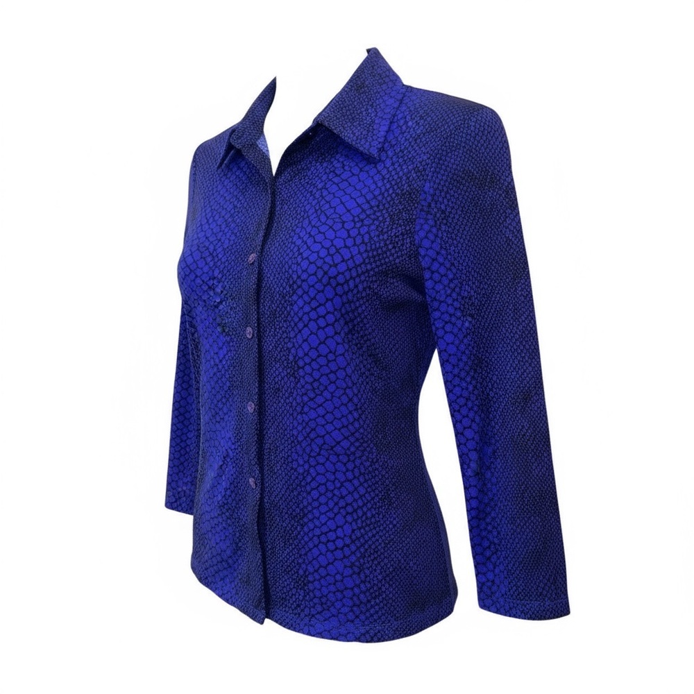 Vintage Guess 90s Snakeskin Blue Button Down Blouse Medium 3/4 Sleeves EUC